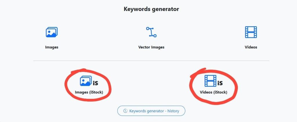 Screenshot of the Photokeyworder.ai interface, clearly highlighting the selector where the user chooses the specific "iStock / Getty keyworder for images and videos